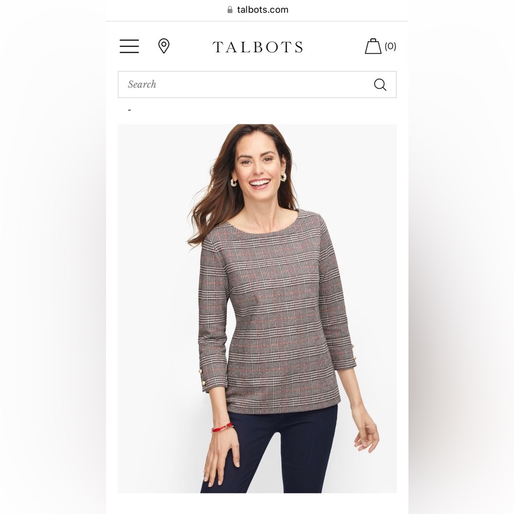 Talbots BUTTON CUFF TOP, Plaid- Size Petite